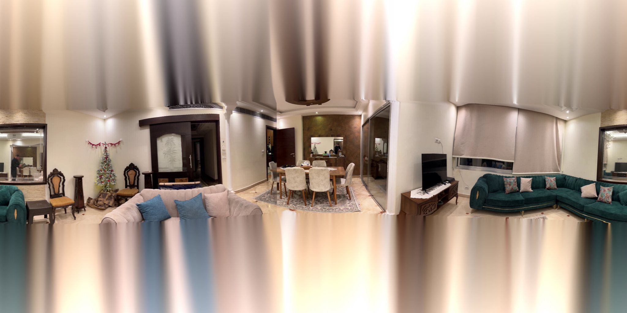 Equirectangular panorama of a living room, stitched from 309 phone frames